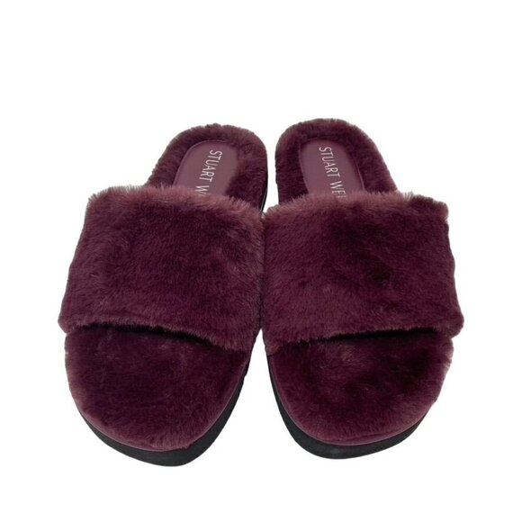 STUART WEITZMAN Sz 7 Elodie Chill Faux Fur Slide Sandal Cranberry - Picture 5 of 11